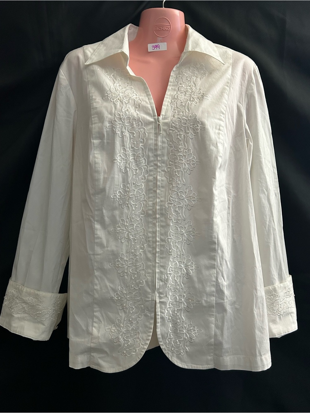 Coldwater Creek White Embroidered Floral Button-Down Shirt LG